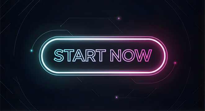 Vibrant neon button with start now text in modern design