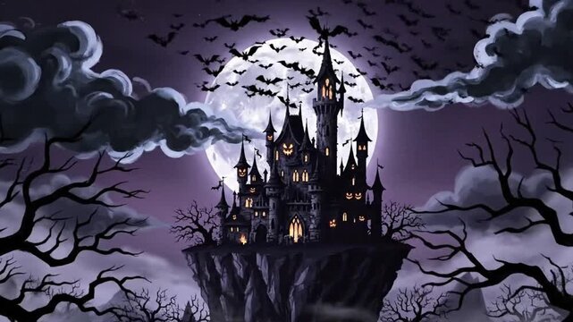 Mysterious castle in the night sky with a full moon and dark trees surrounding the scene