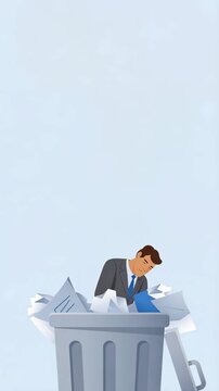 Robot Hand Dropping Businessman into Trash Bin Representing Job Loss, Automation Impact and Artificial Intelligence Replacing Human Workforce in Corporate Industry, Business Flat Illustration Video