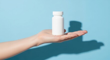 A hand holding a small white pill bottle against a blue background