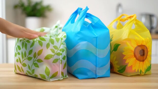Female hand placing a colorful reusable shopping bag on a wooden table. Eco friendly lifestyle concept with sustainable non woven polypropylene grocery totes for shopping