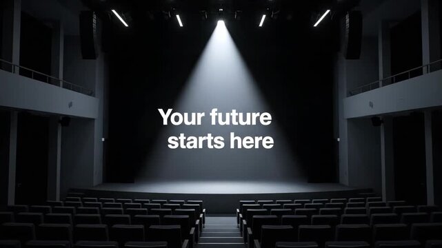 Inspirational message your future starts here appearing on a dark theater stage under a spotlight. Motivational concept for career growth, education, and new beginnings