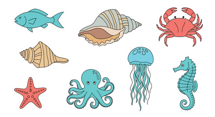 Obraz premium Colorful illustration featuring various marine life and seashells