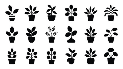 Fototapeta premium Collection of decorative indoor plant silhouettes in black pots on white background for design and decoration