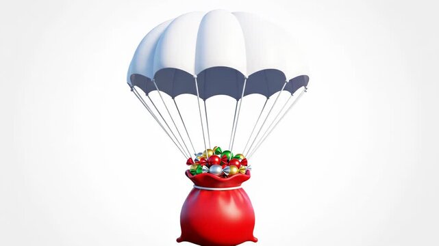 A red bag filled with colorful candy and a parachute on a white background