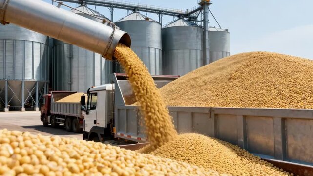 Medium shot of trucks unloading soybeans into spacious outdoor silos under bright daylight highlighting industrial agricultural operations.
