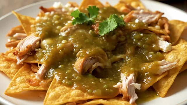 Preparing traditional mexican chilaquiles verdes with chicken and tomatillo salsa. Adding fresh cream and cilantro garnish to the homemade breakfast dish on a plate
