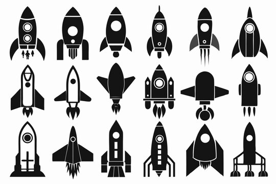 set of rocket icon silhouette line art vector illustration with a white background