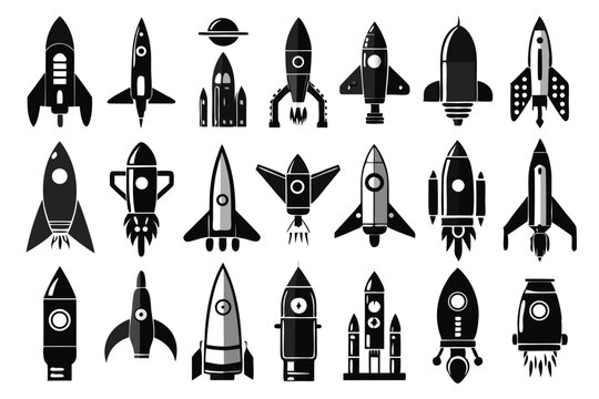set of rocket icon silhouette line art vector illustration with a white background