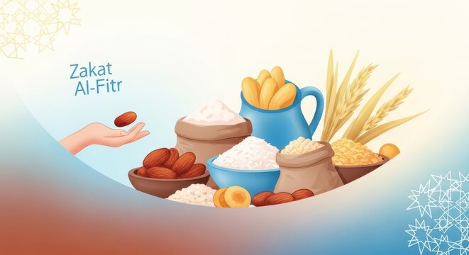 A vibrant illustration of various food items for zakat al-fitr.