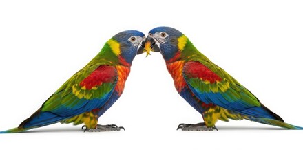 Obraz premium Rainbow Lorikeet pair touching beaks, colorful tropical parrots in a symmetrical pose, vibrant exotic birds with green and blue plumage isolated PNG with Transparent Background