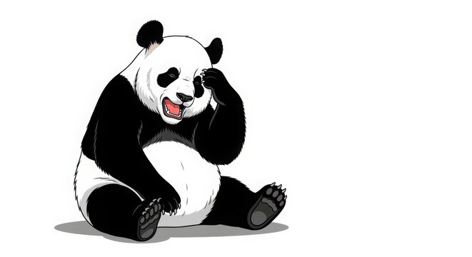 Stressed panda bear illustration, tired giant panda with paw on head, frustrated animal character in comic style, exhausted wildlife mascot isolated PNG with Transparent Background