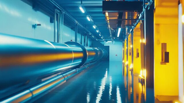 Particle accelerator tunnel with glossy floor and advanced superconducting technology, reflecting engineering innovation, high tech research and the future of particle physics exploration