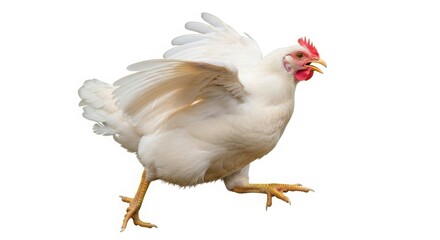 Fototapeta premium Dynamic white chicken hen running with wings slightly spread, showcasing poultry farm animal in motion, perfect for food, agriculture, or rural lifestyle concepts. isolated PNG with Transparent