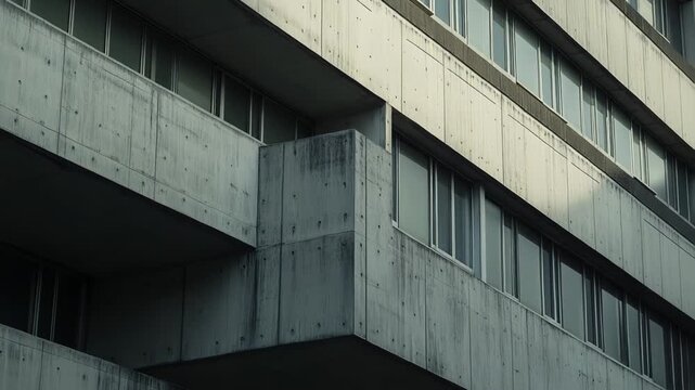 Brutalist concrete building exterior showcasing strong geometric shapes and patterns with repetitive windows creating a modern urban architectural facade design