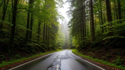 Obraz premium Misty forest road winding through dense greenery and autumn leaves