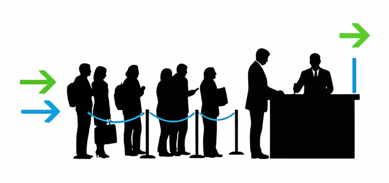 Silhouette of people waiting in line at a registration desk with directional arrows indicating flow