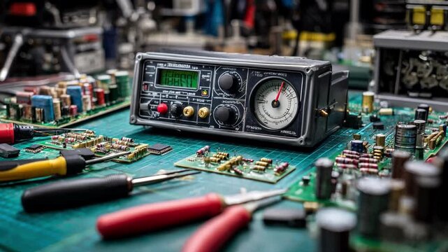 Closeup of bench multimeter undergoing maintenance with tools and circuit boards highlighting restoration of precision in advanced electrical test instruments