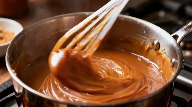 Medium shot of chewy caramel base being aerated and stirred in an open kettle emphasizing dense stretchy texture and glossy surface transforming in heat.
