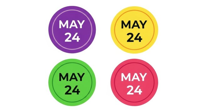 Four vibrant circular buttons displaying the date may 24 in different colors