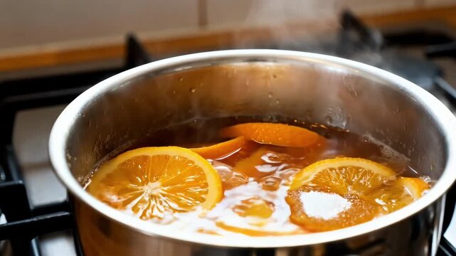 Medium perspective of citrus segments cooking with sugar and pectin in a shiny stainless pot releasing aromatic oils and thickening slowly on a gas burner for tangy marmalade.