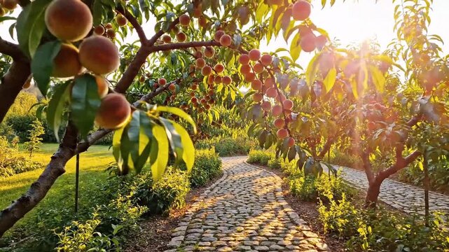 Sunlit peach orchard with cobblestone path and ripe fruit on branches