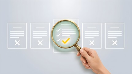 Magnifying Glass Hand Examines Checklist Document with Checkmarks and Crosses on Gray Background