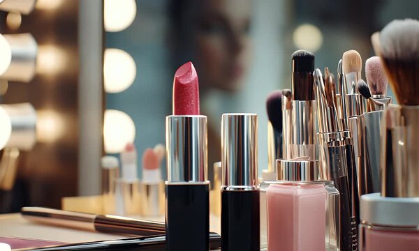 Makeup products arranged on a vanity table with blurred background