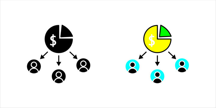 Minimal outline iconb set. of pie chart with dollar symbol and users representing revenue sharing, profit distribution, and financial allocation.