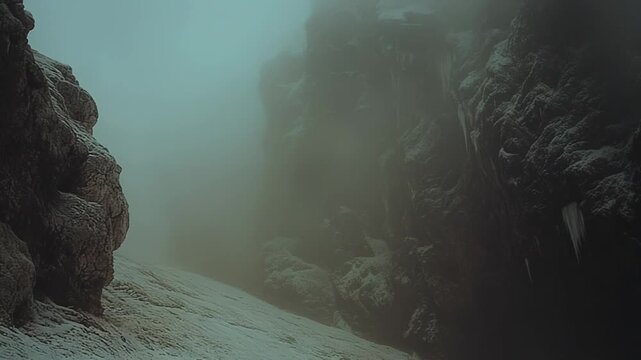 Majestic winter mountain scene with snow clad cliffs and rocky terrain veiled in dense fog, glistening icicles on dark rock faces evoking remote, serene wilderness solitude