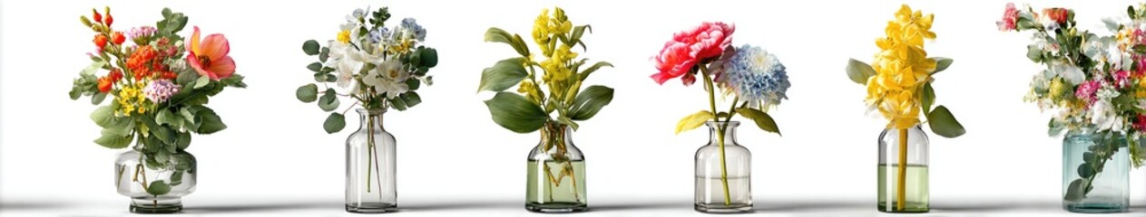 Fototapeta premium Five clear glass vases hold small bouquets of colorful flowers