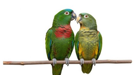 Two vibrant green parrots, one with a red chest, perched closely on a natural wooden branch, showcasing their colorful plumage and affectionate interaction