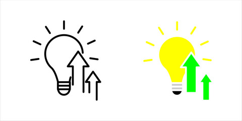 Minimal outline icon set.  of a light bulb with upward arrows symbolizing business growth, innovation, idea development, and progress strategy.