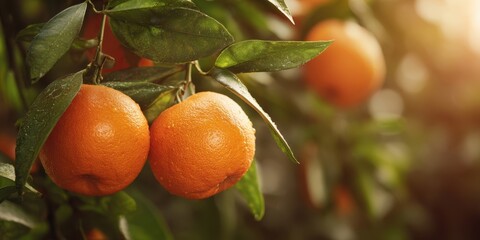 The oranges on a sunlit branch with dewy leaves in orchard morning