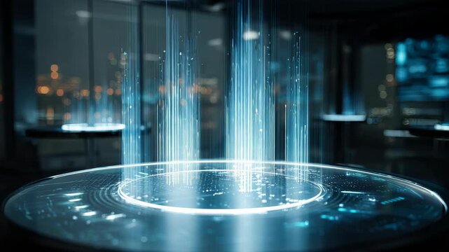 Futuristic digital hologram technology with blue light particles and glowing virtual interface, immersive data visualization, modern office night cityscape, high tech atmosphere, cascading effects