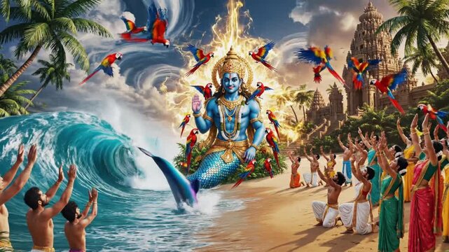 Matsya Avatar of Vishnu &ndash; Mythological Beach Scene with Devotees and Sacred Rituals. 