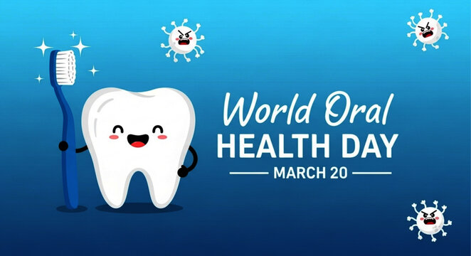 Celebrate World Oral Health Day on March 20th with a Happy Tooth and Toothbrush Illustration