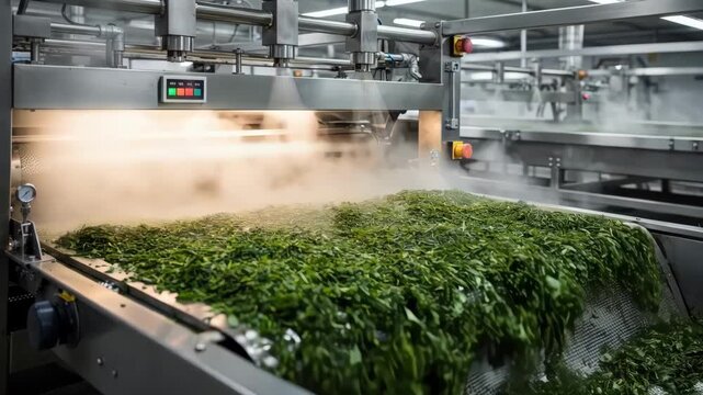 Medium shot of tea leaves being evenly spread on a continuous belt steamer capturing the precision of highheat treatment halting oxidation in the tea processing line.