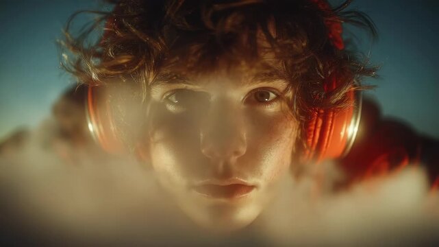Curly hair red headphone young boy with freckles close up dreamy mist intense gaze soft light portrait, focused expression, creative mood, listening to music, dramatic lighting, relaxation concept