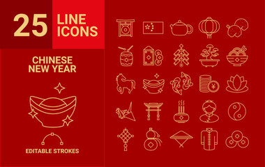 25 Chinese New Year line icons set vector