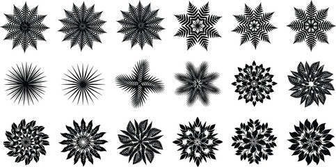 Black vector silhouette set of diverse botanical mandalas and floral ornaments with fern leaves for nature patterns eco branding and symmetric garden design © Farzana