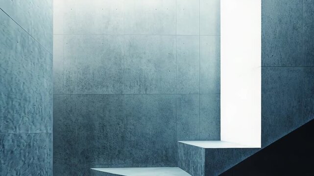 Concrete stairs ascend within a modern architectural structure, light creating sharp geometric shadows and contrasts across the textured, minimalist walls
