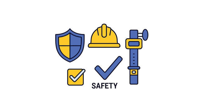Safety icons including a hard hat shield and check marks on a white background