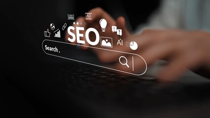 Hands Typing on Keyboard with SEO Icons and Search Bar Illustrating Digital Marketing Concepts in a...