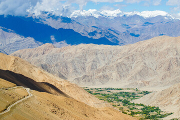 Chang La , southern pass, is a high mountain pass in Ladakh in the Greater Himalaya between Leh and the Shyok River valley. Leh to Pangong Lake road. High altitude Motorable road, Leh, Ladakh, India.