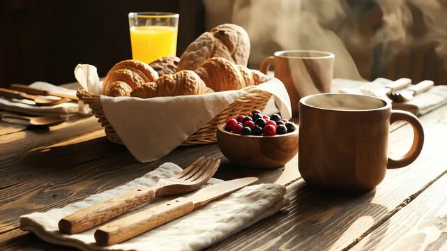 Breakfast table arrangement featuring food and drink items with rustic elements