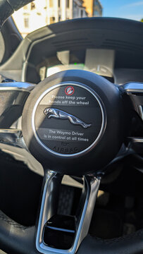 Waymo Jaguar Steering Wheel Warning Sign on January 18, 2026 in San Francisco 