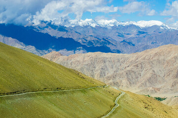 High altitude Motorable road, Leh, Ladakh, India. Chang La , southern pass, is a high mountain pass in Ladakh in the Greater Himalaya between Leh and the Shyok River valley. Leh to Pangong Lake road.