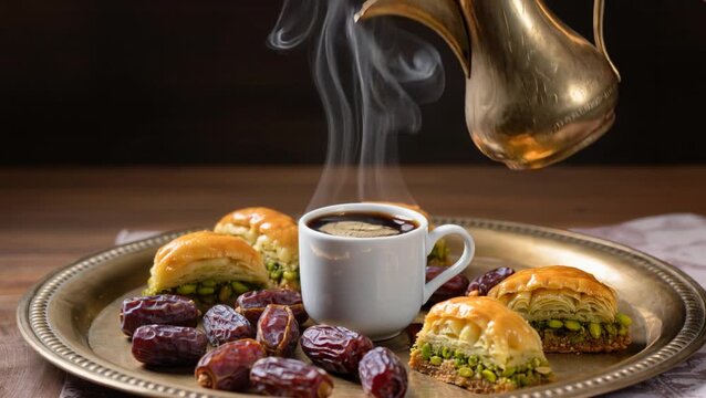 Golden dallah pouring steaming Arabic coffee into a small cup, surrounded by dates and pastries on a copper tray, evoking warmth, tradition, and hospitality.