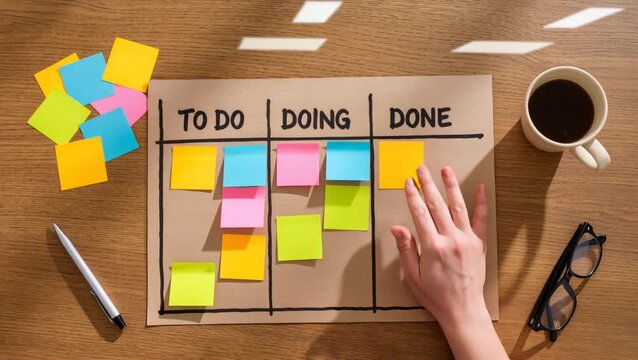 Overhead view of a handmade Kanban board with colorful sticky notes on a wooden desk, capturing focus, organization, and productive workflow.